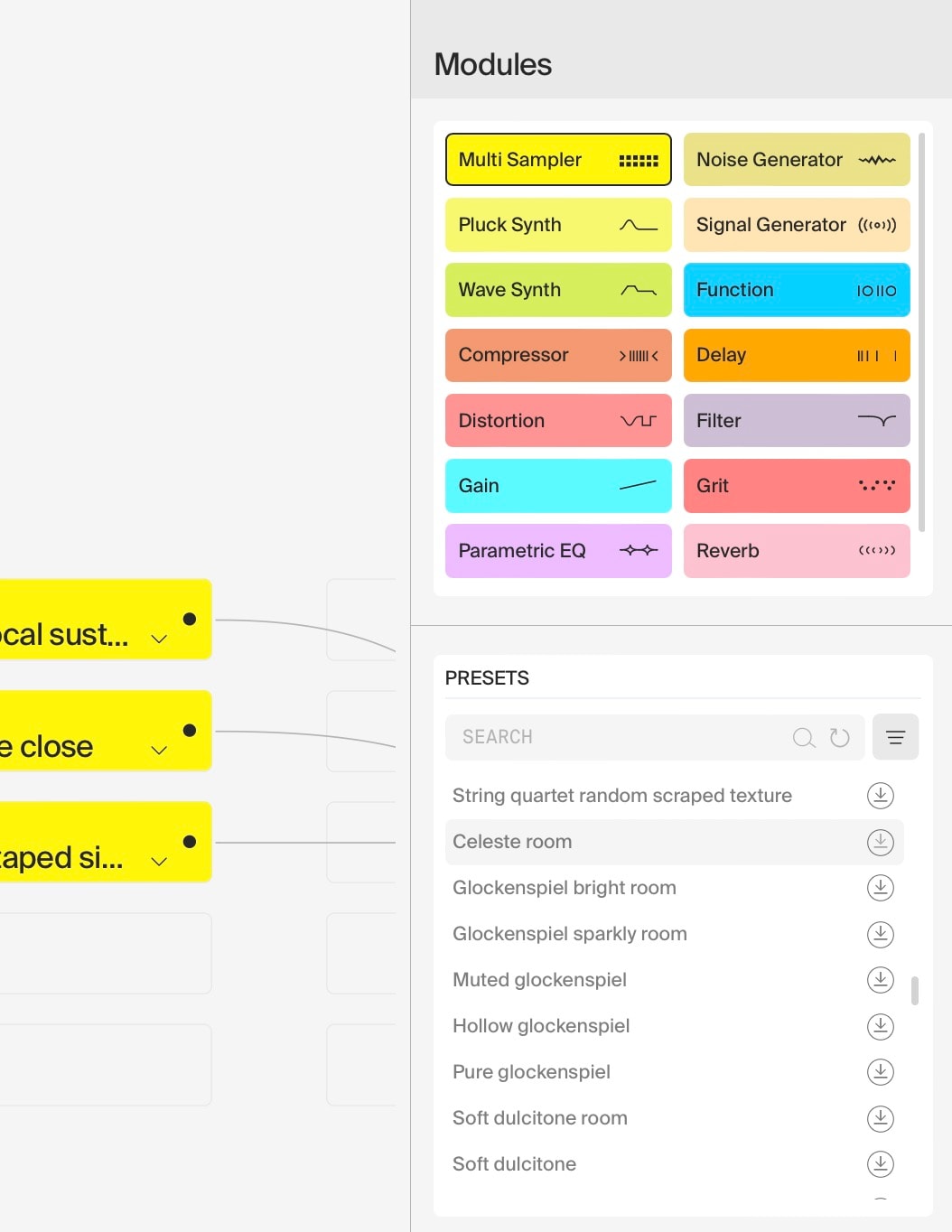 Module and preset browser lists multi sampler presets